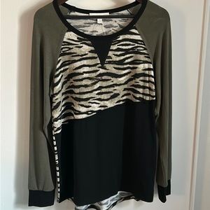 New Weekend by Suzanne Betro Colorblock Animal Print Raglan Long Sleeve Top